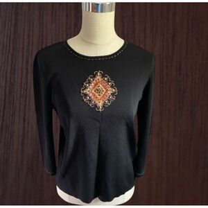 Alfred Dunner Petite Black Embroidered Diamond 3/4 Sleeve Pullover Top